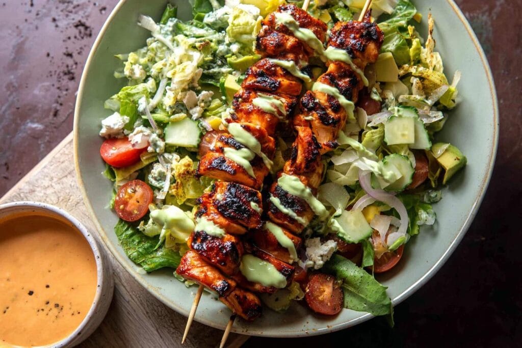 Spring Chopped Buffalo Chicken Skewer Salad.