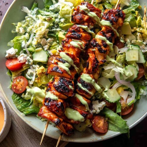Spring Chopped Buffalo Chicken Skewer Salad.