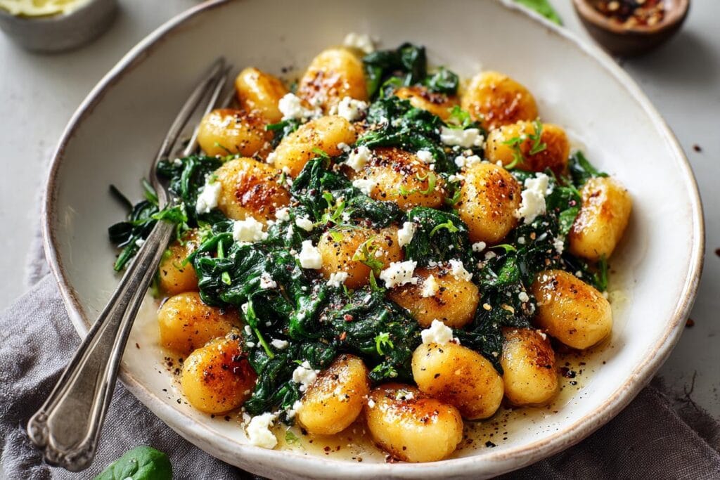 Spring Dinner Crispy Gnocchi With Spinach And Feta
