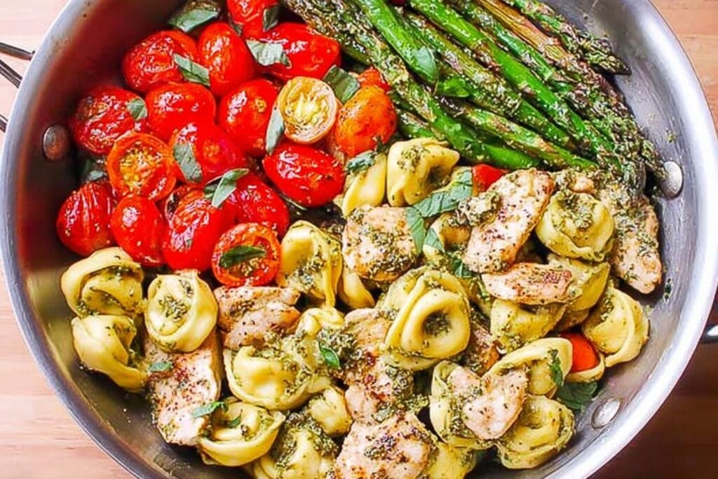 Spring Pesto Chicken Tortellini and Veggies