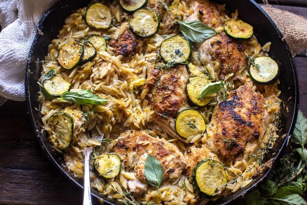 Spring Skillet Garlic Butter Chicken and Zucchini Orzo.