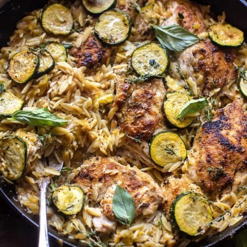 Spring Skillet Garlic Butter Chicken and Zucchini Orzo.