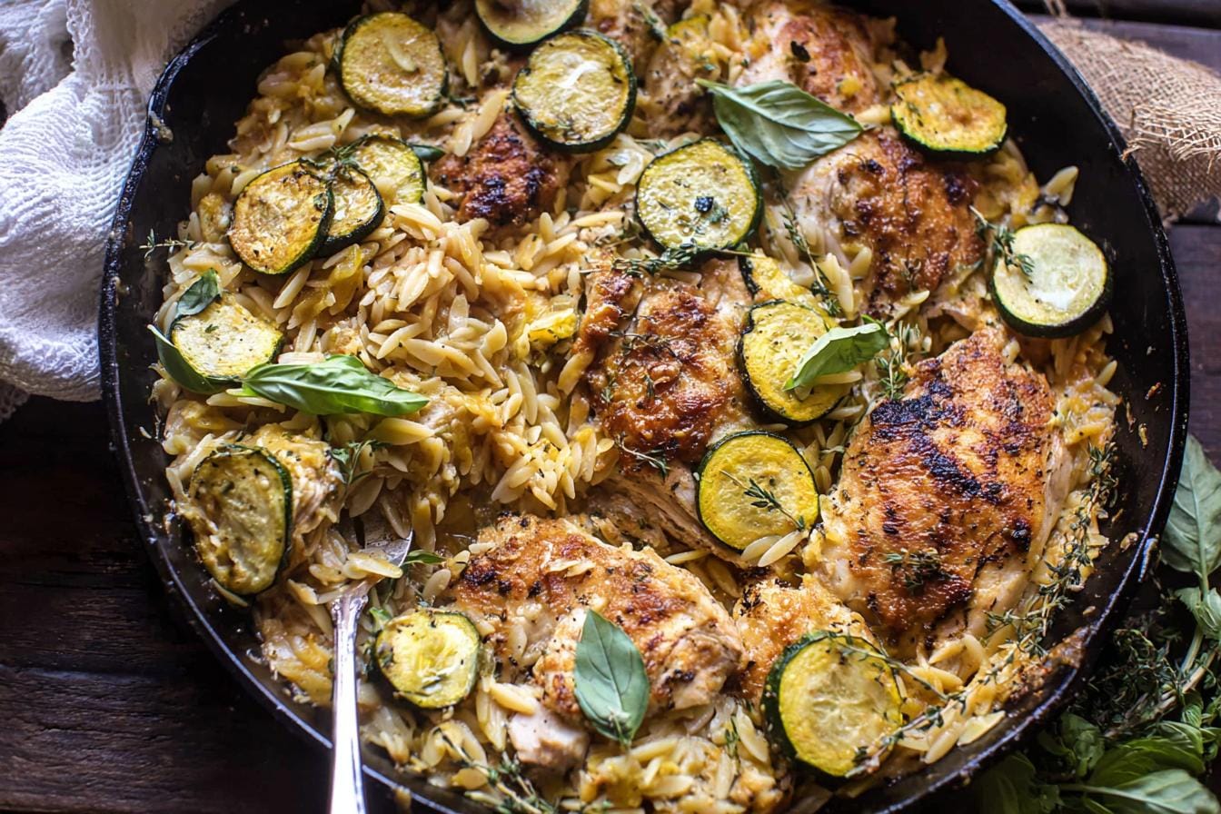 Spring Skillet Garlic Butter Chicken and Zucchini Orzo.