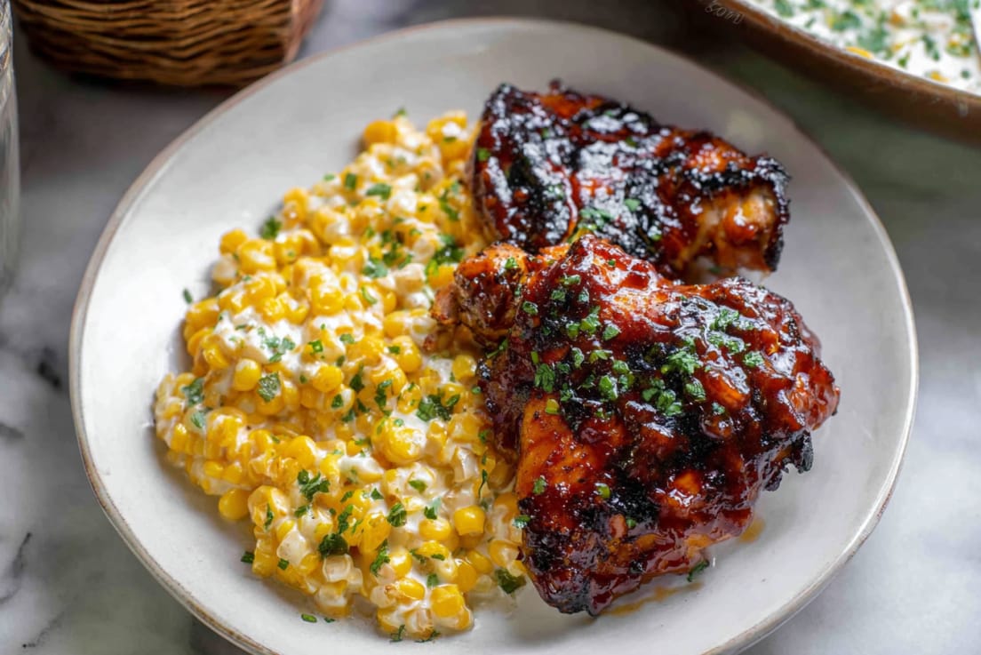 Chipotle Beer BBQ Chicken with Creamed Grilled Corn.