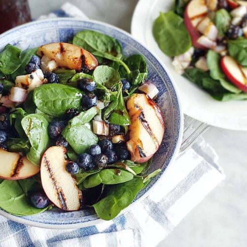 Grilled Peach Blueberry Spinach Salad with Honey Balsamic Vinaigrette
