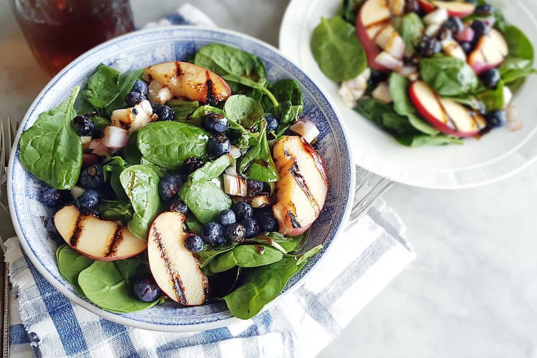 Grilled Peach Blueberry Spinach Salad with Honey Balsamic Vinaigrette