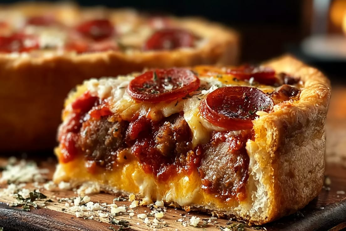 Deep Hamburger Beef Sausage and Pepperoni Pie