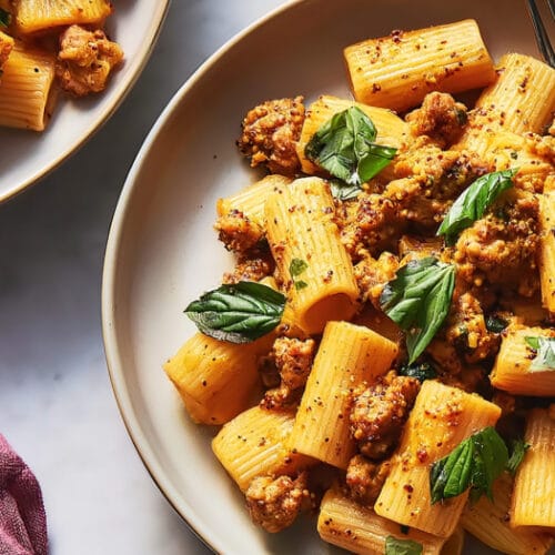 Pasta with Sausage, Basil, and Mustard