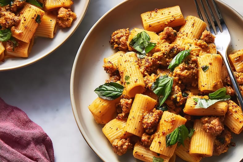Pasta with Sausage, Basil, and Mustard