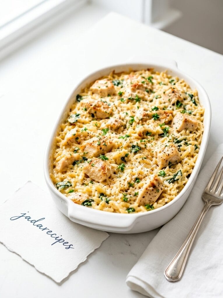 Garlic-Butter Orzo Chicken Casserole With Creamy Parmesan Sauce