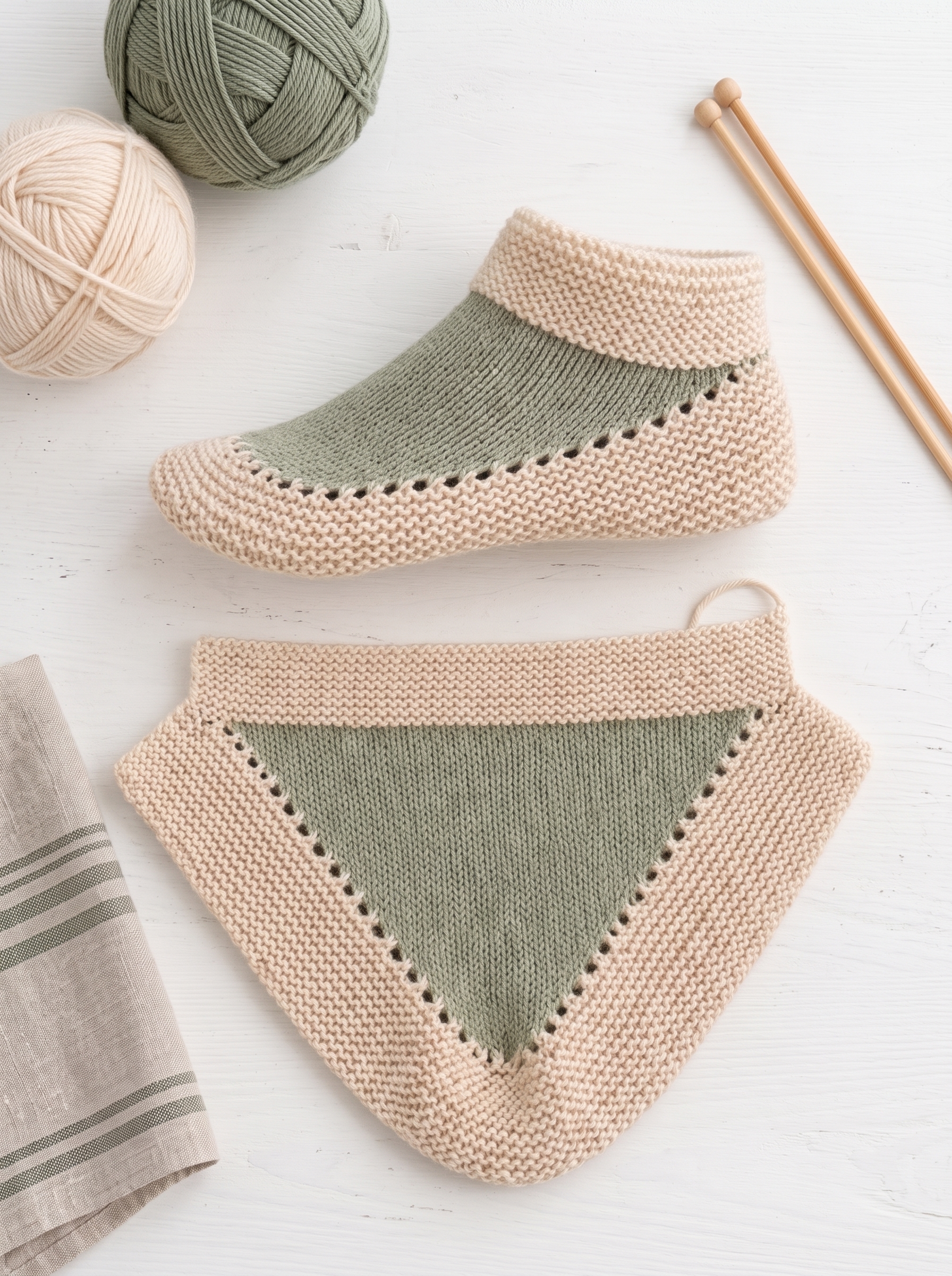 Cream and sage-green flat-knit house slippers with textured garter-stitch borders and matching knitted panels.