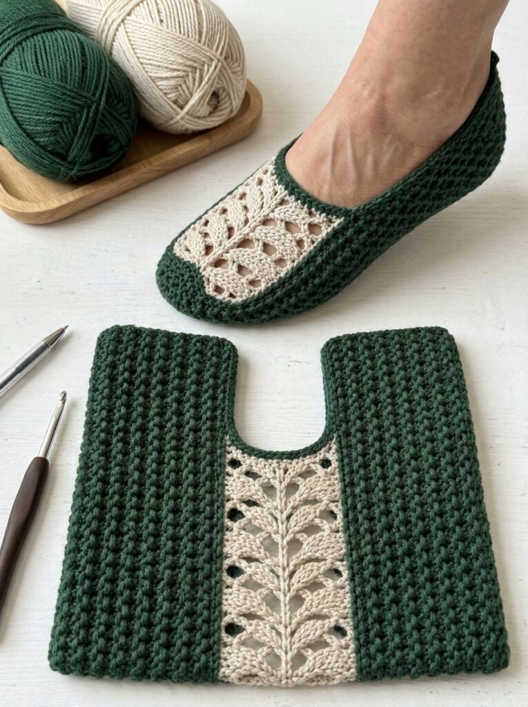 Forest green crochet slippers with a cream lace panel and matching textured slipper pieces displayed on a light wooden surface.