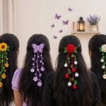 Four crochet hair clips with flower tassels sunflower, purple butterfly, red rose, and white daisy