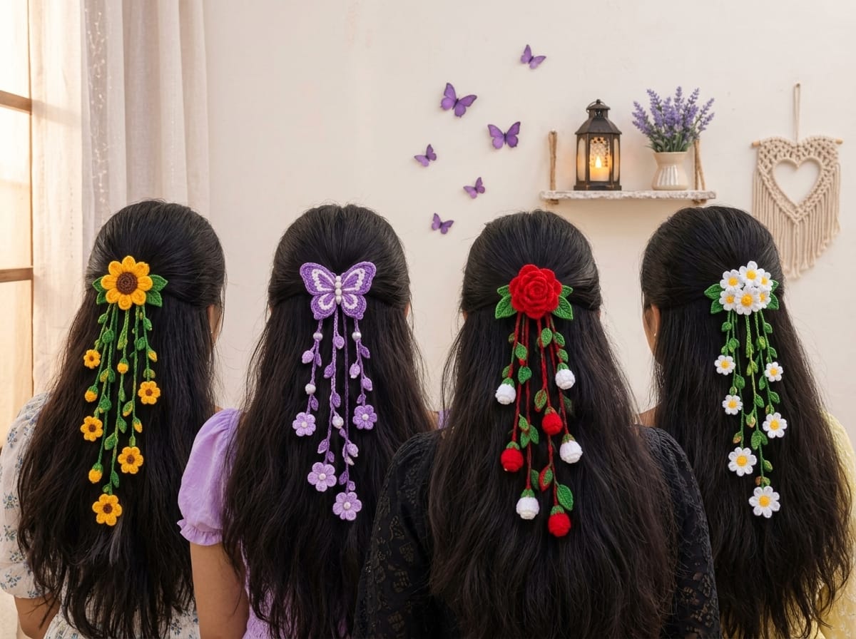 Four crochet hair clips with flower tassels sunflower, purple butterfly, red rose, and white daisy