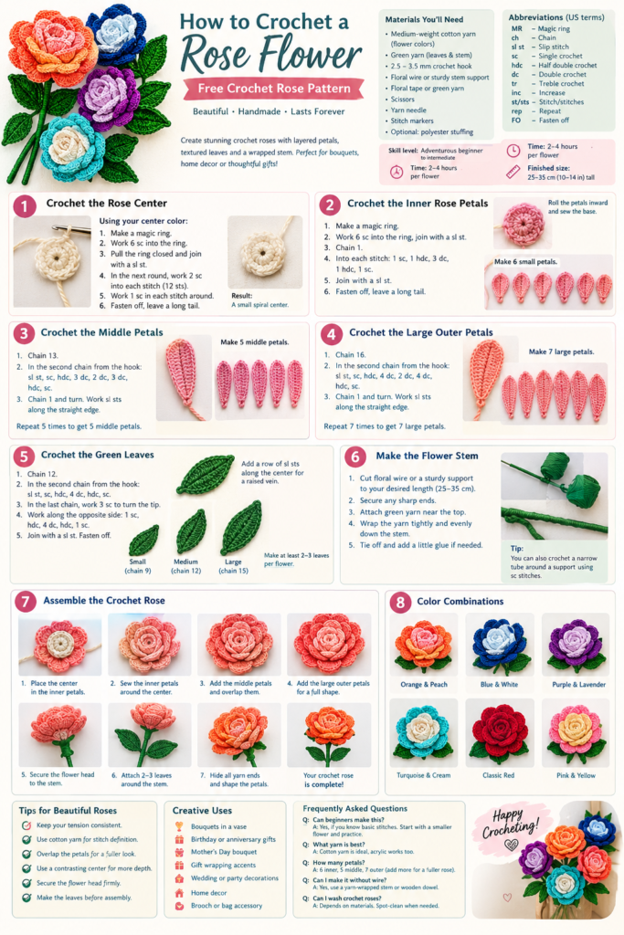 Guide illustré pour crocheter des roses colorées